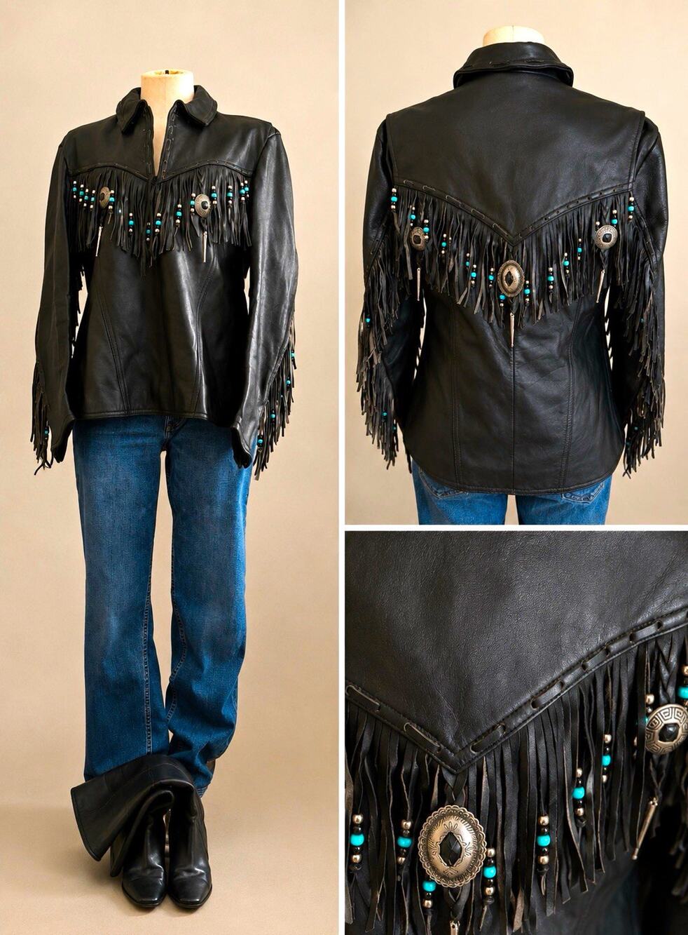 Vintage Easyriders Leather Jacket 36 Fringe Concho Turquoise Beads Western Biker